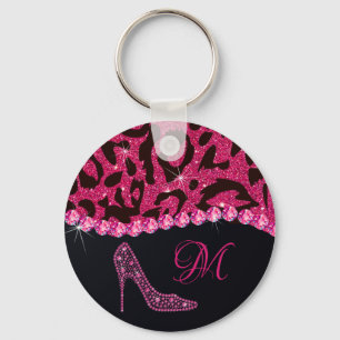 Bling Sparkle Diamond Glitter Leopard Pink Key Ring
