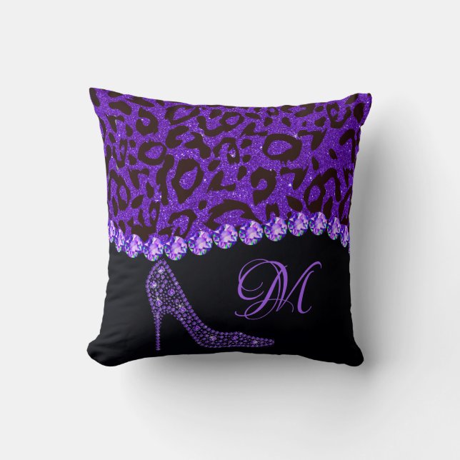 Bling Sparkle Diamond Glitter Leopard Purple Cushion (Front)