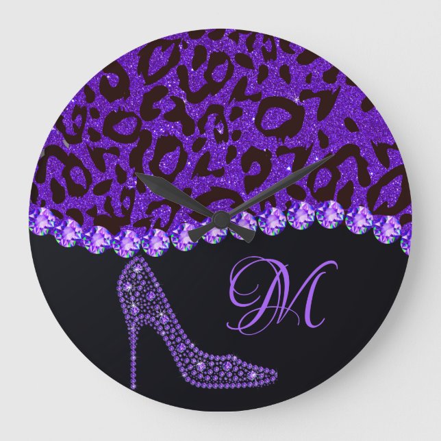 Bling Sparkle Diamond Glitter Leopard Purple Large Clock (Front)