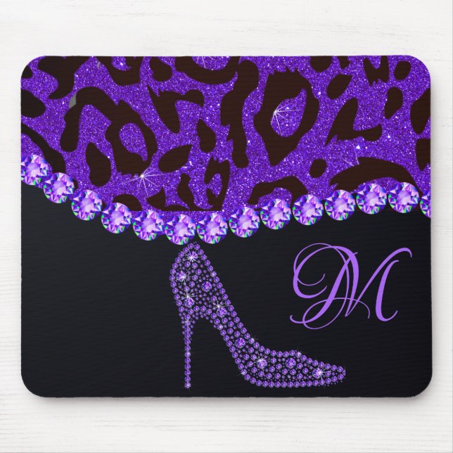 Bling Sparkle Diamond Glitter Leopard Purple Mouse Pad (Front)