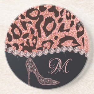Bling Sparkle Diamond Glitter Leopard Rose Gold Coaster