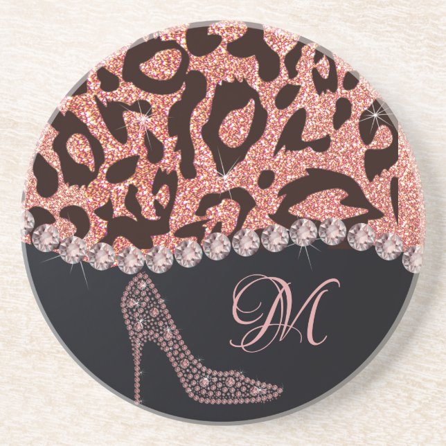 Bling Sparkle Diamond Glitter Leopard Rose Gold Coaster (Front)