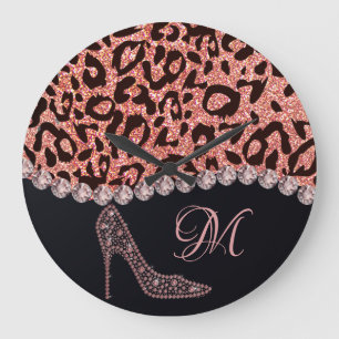 Bling Sparkle Diamond Glitter Leopard Rose Gold Large Clock