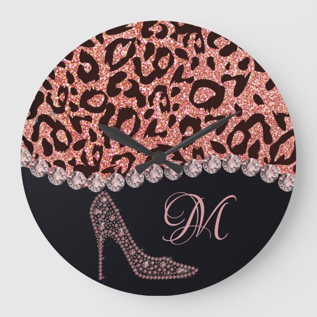 Bling Sparkle Diamond Glitter Leopard Rose Gold Large Clock (Front)