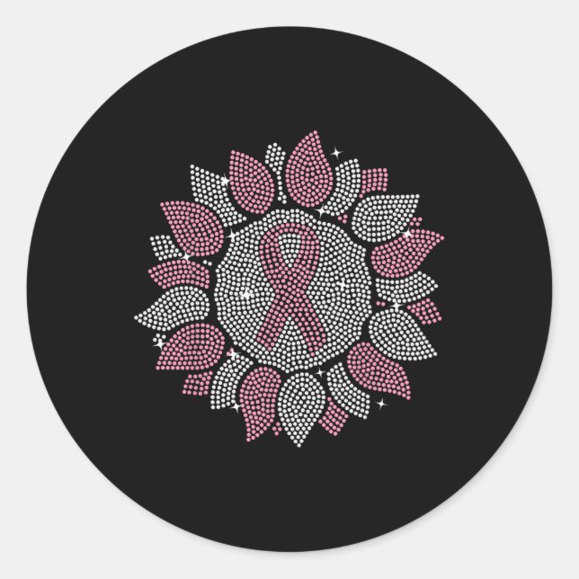 Bling Sunflower Pink Ribbon Breast Cancer Awarenes Classic Round Sticker (Front)
