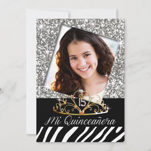 Bling Tiara Zebra Quinceañera 15th Birthday silver Invitation (Front)