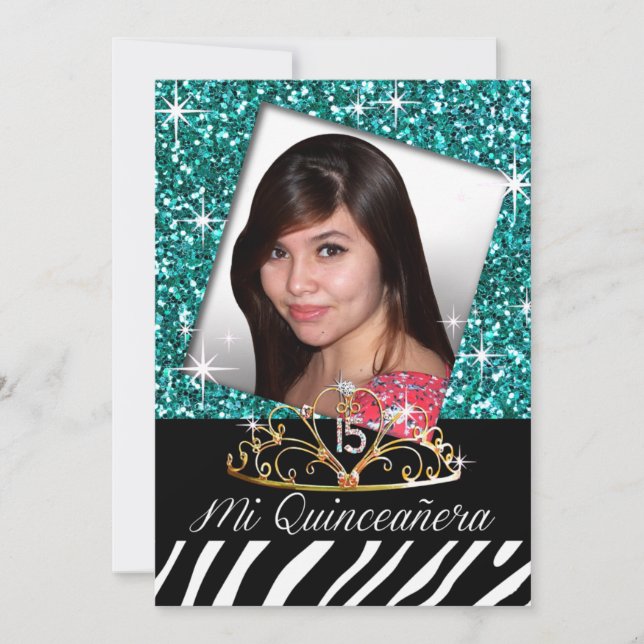 Bling Tiara Zebra Quinceañera 15th Birthday | teal Invitation (Front)