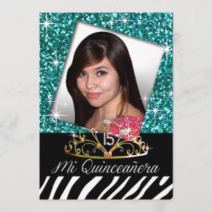 Bling Tiara Zebra Quinceañera 15th Birthday   teal Invitation