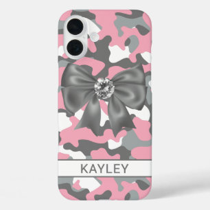 Blingy Pink Grey Camouflage Personalised iPhone 16 Plus Case