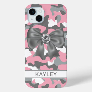 Blingy Pink Grey Camouflage Personalised iPhone 15 Mini Case