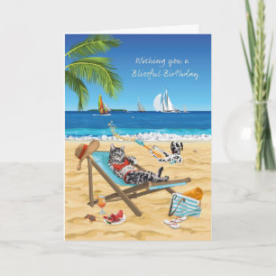 Blissful Birthday Cat Relaxing On Tropical Beach Card
