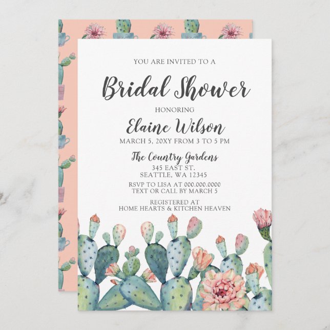 Blissful Blush Cactus Wedding Bridal Shower Invitation (Front/Back)