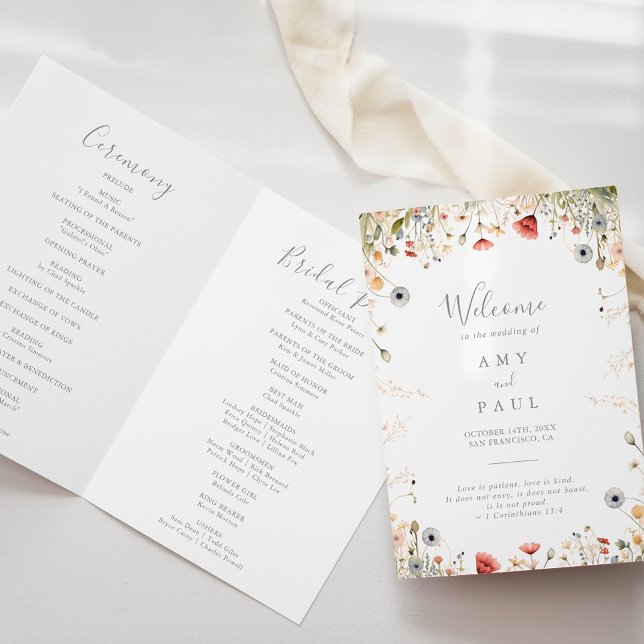 Blissful Colourful Boho Wildflower Folded Wedding Program (Creator Uploaded)