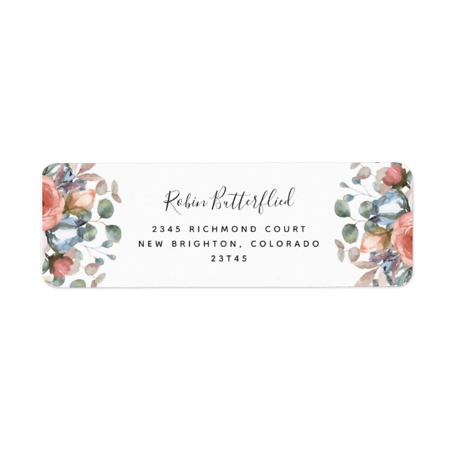 Blissful Floral Blush Peach, Blue Return Address Label (Front)