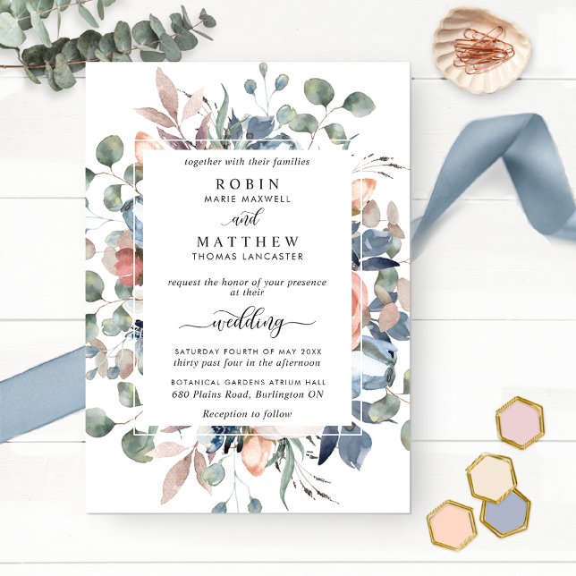 Blissful Floral Dusty Blue and Greenery Wedding Invitation (Creator Uploaded)