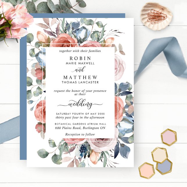 Blissful Floral, Dusty Blue Elegant Garden Wedding Invitation (Creator Uploaded)