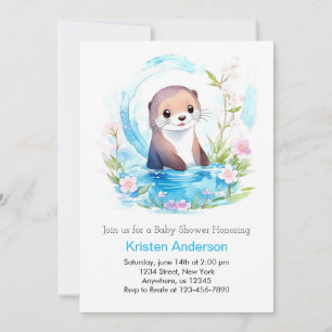 Blissful Otter Blue Floral Boy Baby Shower Invitation