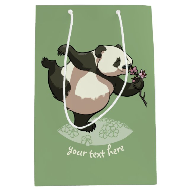 Blissful Panda Smelling Blossom Flowers With Text Medium Gift Bag (Front)