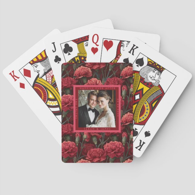 Blissful Red Carnation Charm Botanical Wedding Playing Cards (Back)