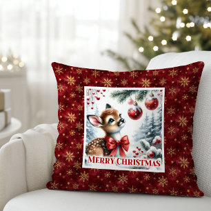 Blissful snowy forest Christmas scene baby deer  Cushion