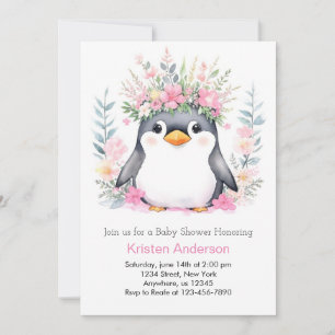 Blissful Whispers Cute Penguin Girl Baby Shower Invitation