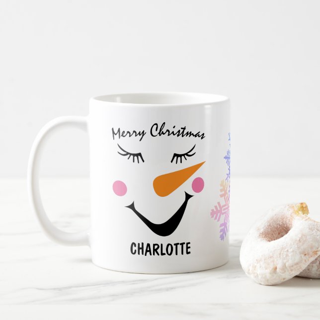 Blissfully Smiling Snowman. Merry Christmas Coffee Mug (With Donut)