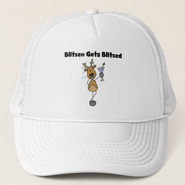 Blitzen Gets Blitzed Reindeer Tshirts and Gifts Trucker Hat (Front)