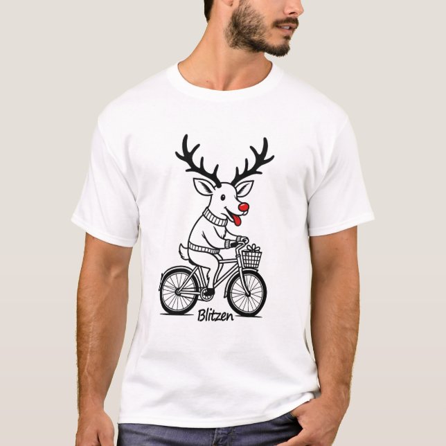 Blitzen The Reindeer Riding a Bike  T-Shirt (Front)
