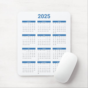 Bliue and White 2025 Year At A Glance Calendar Mouse Pad