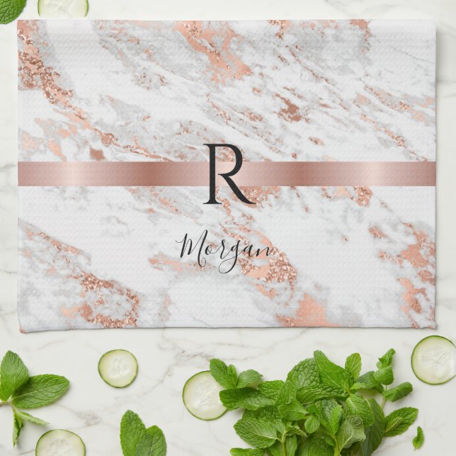 Blk Name/Monogram White+Rose Gold Marble Glitter 2 Tea Towel (Folded)