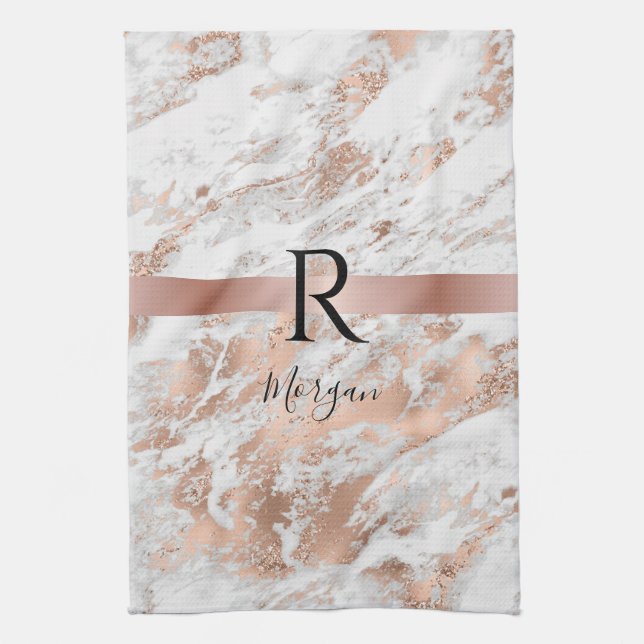 Blk Name/Monogram White & Rose Gold Marble Glitter Tea Towel (Vertical)