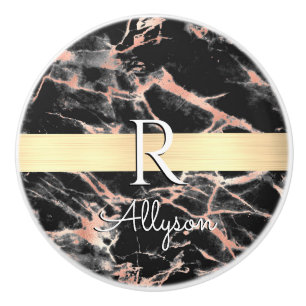 Blk & Rose Gold Marble Gold Bar, Wht Name Monogram Ceramic Knob