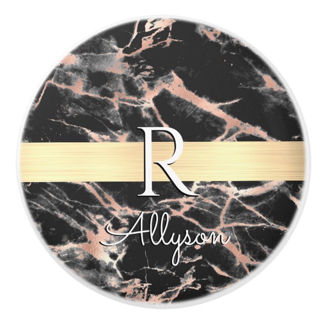 Blk & Rose Gold Marble Gold Bar, Wht Name Monogram Ceramic Knob (Front)