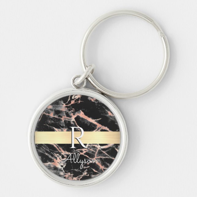 Blk & Rose Gold Marble Gold Bar, Wht Name Monogram Key Ring (Front)
