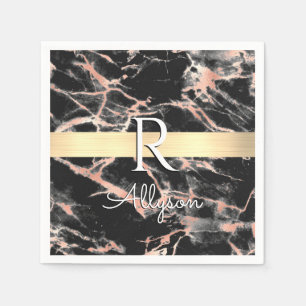 Blk & Rose Gold Marble Gold Bar, Wht Name Monogram Napkin