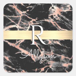 Blk & Rose Gold Marble Gold Bar, Wht Name Monogram Square Sticker