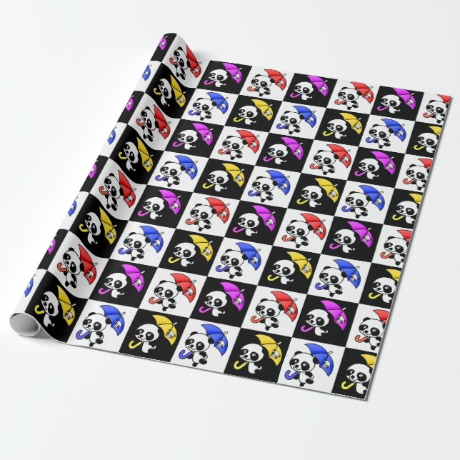Block Chequered Cute Panda Pattern Wrapping Paper (Unrolled)
