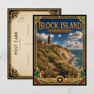 Block Island Rhode Island Vintage Art Deco Golden Postcard