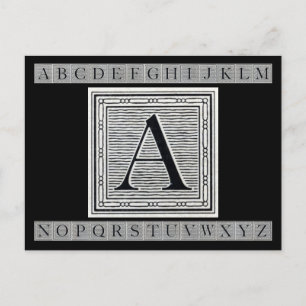 Block Letter "A" Woodcut Woodblock Initial Postcard