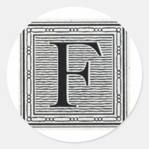 Block Letter "F" Woodcut Woodblock Inital Classic Round Sticker