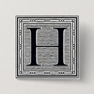 Block Letter "H" Woodcut Woodblock Inital 15 Cm Square Badge