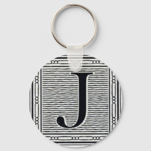 Block Letter "J" Woodcut Woodblock Inital Key Ring