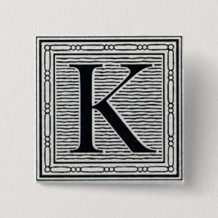 Block Letter "K" Woodcut Woodblock Inital 15 Cm Square Badge