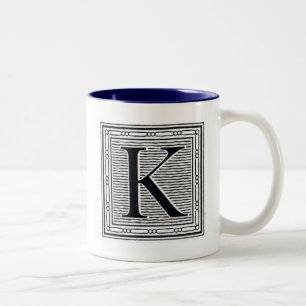 Block Letter "K" Woodcut Woodblock Inital Two-Tone Coffee Mug