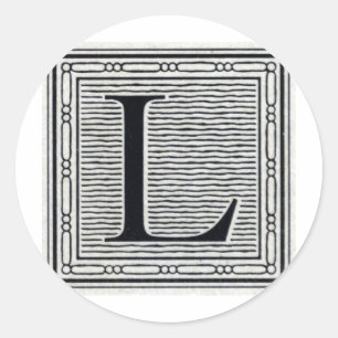 Block Letter "L" Woodcut Woodblock Inital Classic Round Sticker