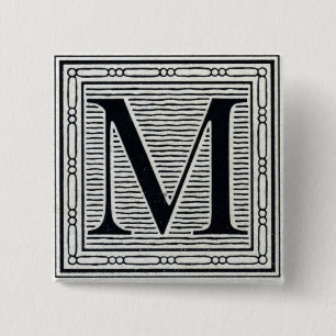 Block Letter "M" Woodcut Woodblock Inital 15 Cm Square Badge