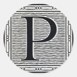 Block Letter "P" Woodcut Woodblock Inital Classic Round Sticker