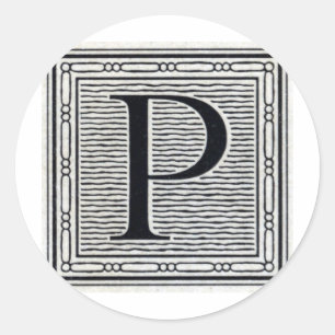 Block Letter "P" Woodcut Woodblock Inital Classic Round Sticker