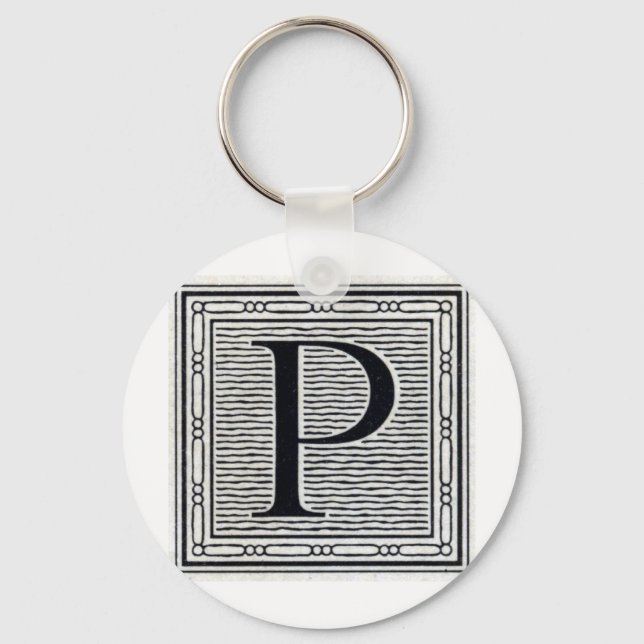 Block Letter "P" Woodcut Woodblock Inital Key Ring (Front)