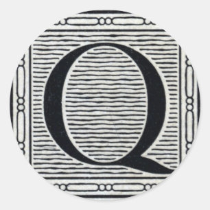 Block Letter "Q" Woodcut Woodblock Inital Classic Round Sticker